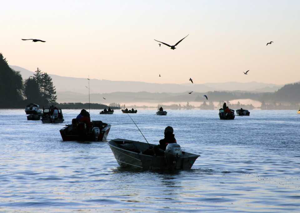 Sports fishermen congregate in Tillamook Bay.